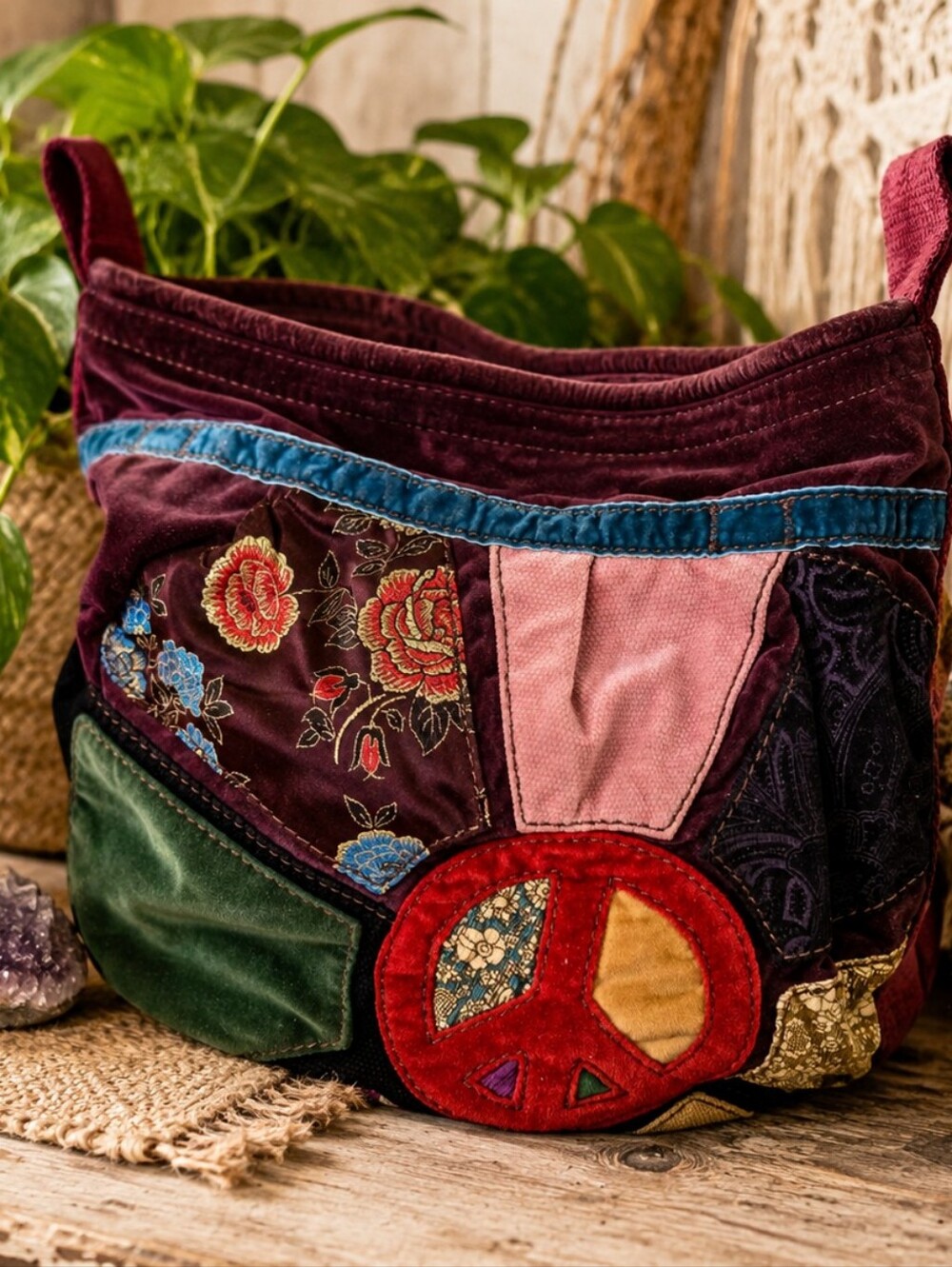 👜 Lucky Brand Velvet Patchwork Peace Sign Tote Bag